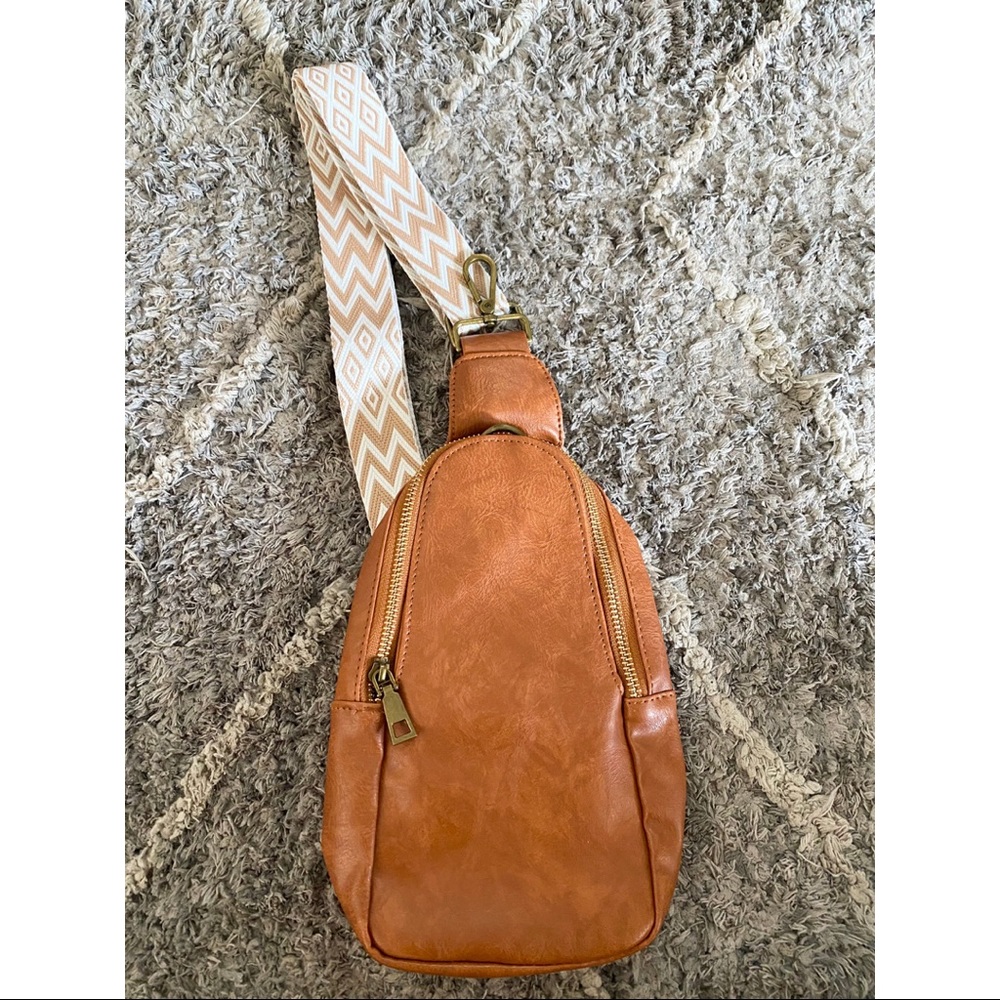 Stylish Tan Crossbody Sling Bag with Chevron Strap